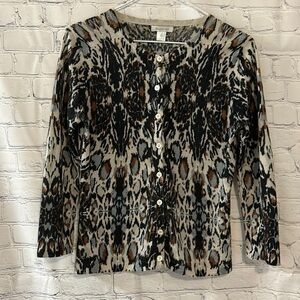 Garnet Hill Abstract Animal Print Merino Wool Button Up Cardigan  SZ S